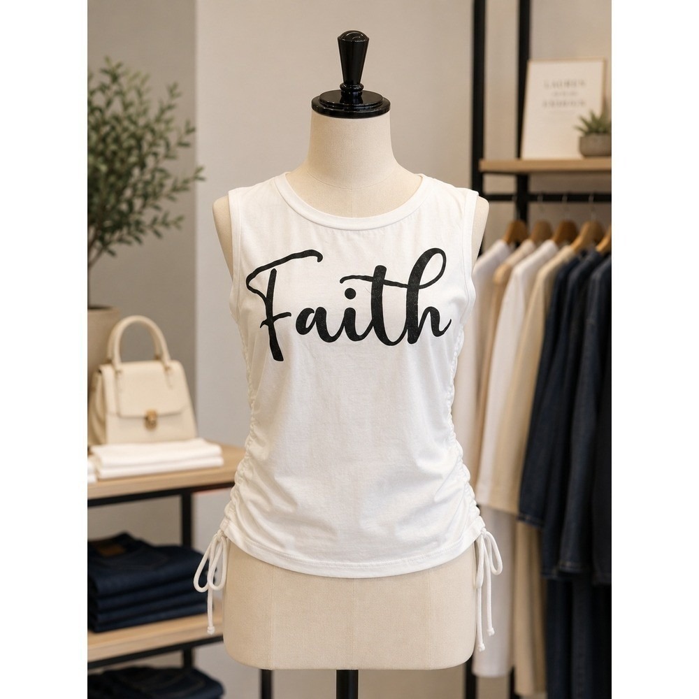 Faith, White Soft Cotton Graphic Drawstring Tank by On Fire Size Small,